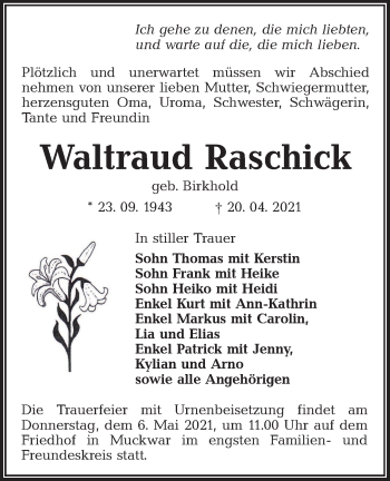 Traueranzeige von Waltraud Raschick von lausitzer_rundschau