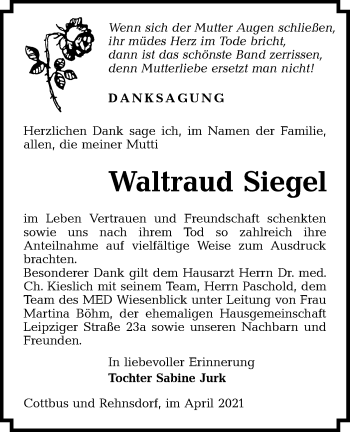 Traueranzeige von Waltraud Siegel von lausitzer_rundschau