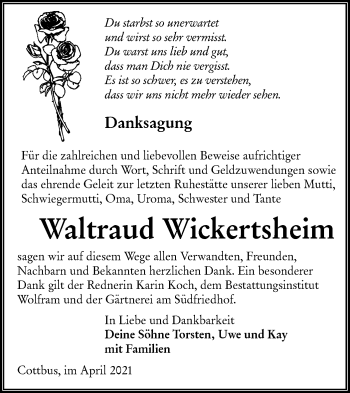 Traueranzeige von Waltraud Wickertsheim von lausitzer_rundschau