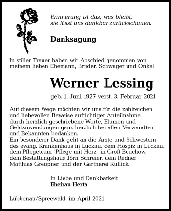 Traueranzeige von Werner Lessing von lausitzer_rundschau