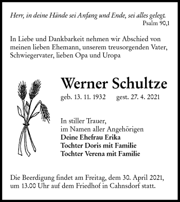 Traueranzeige von Werner Schultze von lausitzer_rundschau