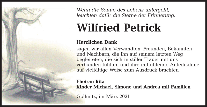  Traueranzeige für Wilfried Petrick vom 03.04.2021 aus lausitzer_rundschau