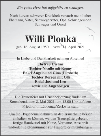 Traueranzeige von Willi Plonka von lausitzer_rundschau
