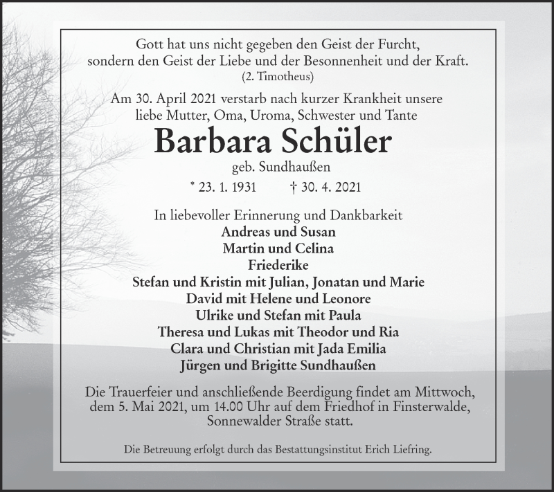  Traueranzeige für Barbara Schüler vom 04.05.2021 aus lausitzer_rundschau