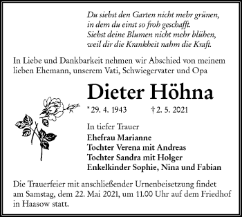 Traueranzeige von Dieter Höhna von lausitzer_rundschau