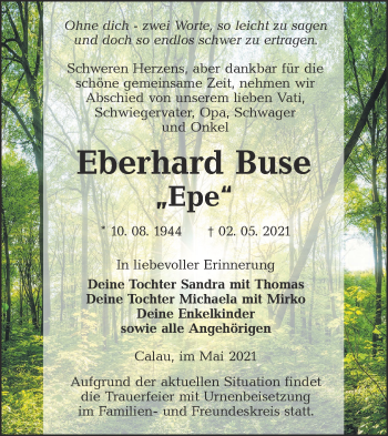 Traueranzeige von Eberhard Buse von lausitzer_rundschau