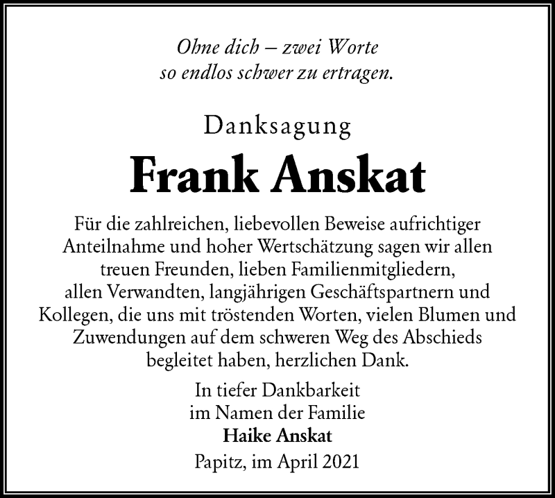  Traueranzeige für Frank Anskat vom 08.05.2021 aus lausitzer_rundschau