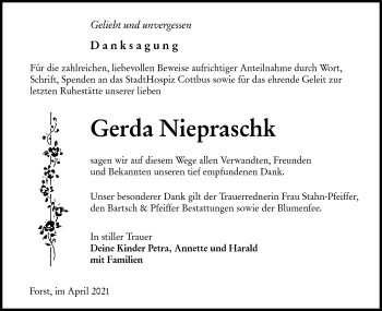 Traueranzeige von Gerda Niepraschk von lausitzer_rundschau