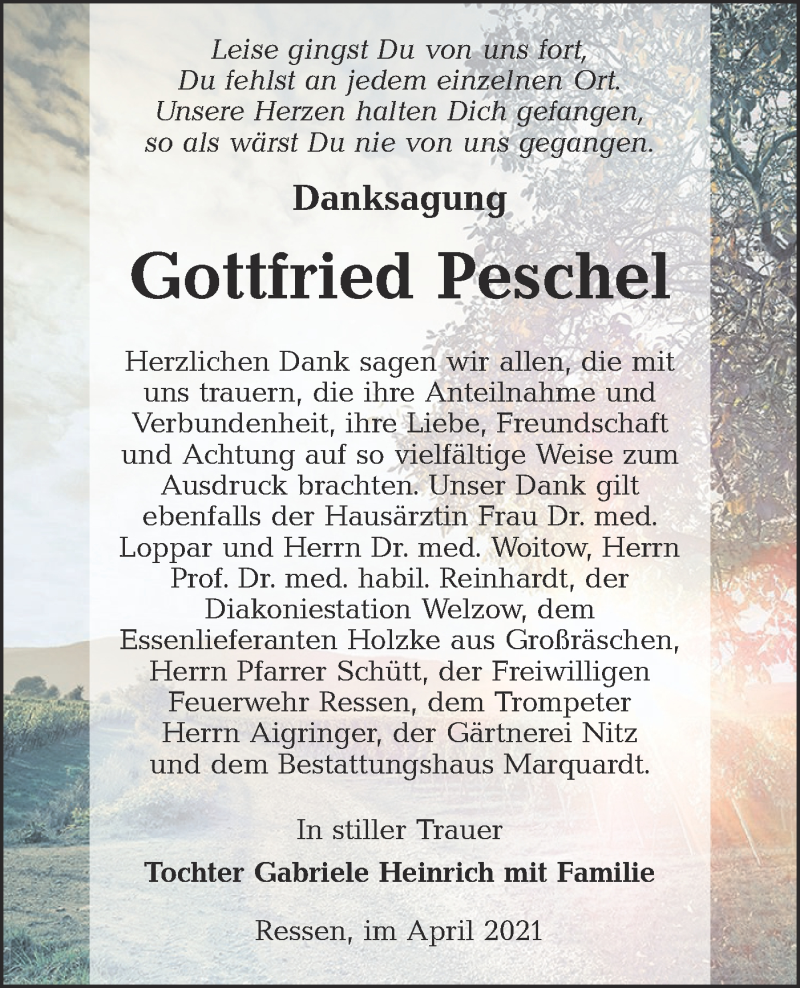  Traueranzeige für Gottfried Peschel vom 08.05.2021 aus lausitzer_rundschau