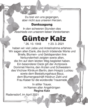 Traueranzeige von Günter Kalz von lausitzer_rundschau