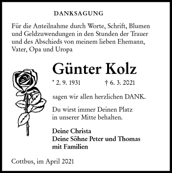 Traueranzeige von Günter Kolz von lausitzer_rundschau