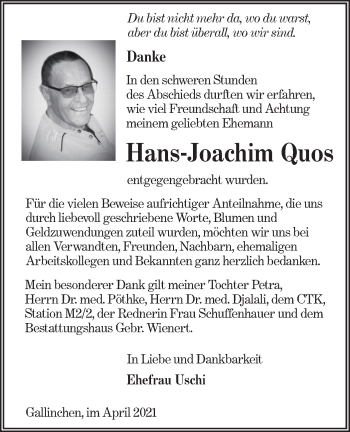 Traueranzeige von Hans-Joachim Quos von lausitzer_rundschau