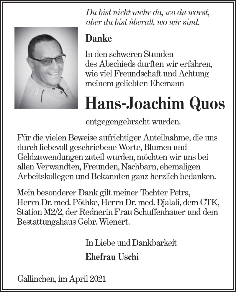  Traueranzeige für Hans-Joachim Quos vom 08.05.2021 aus lausitzer_rundschau