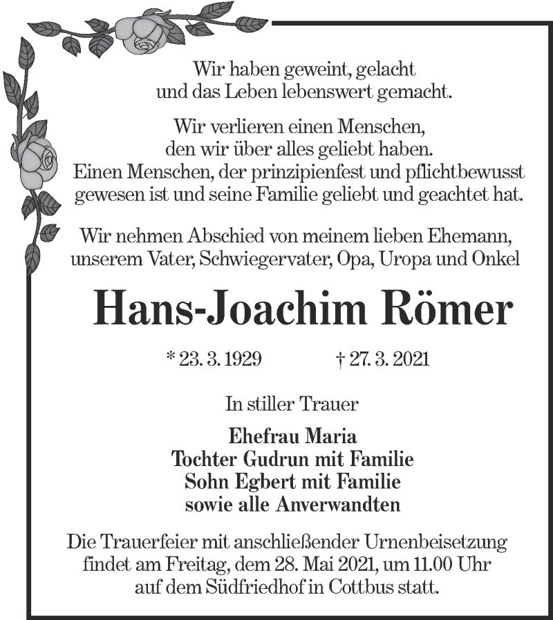  Traueranzeige für Hans-Joachim Römer vom 05.05.2021 aus lausitzer_rundschau
