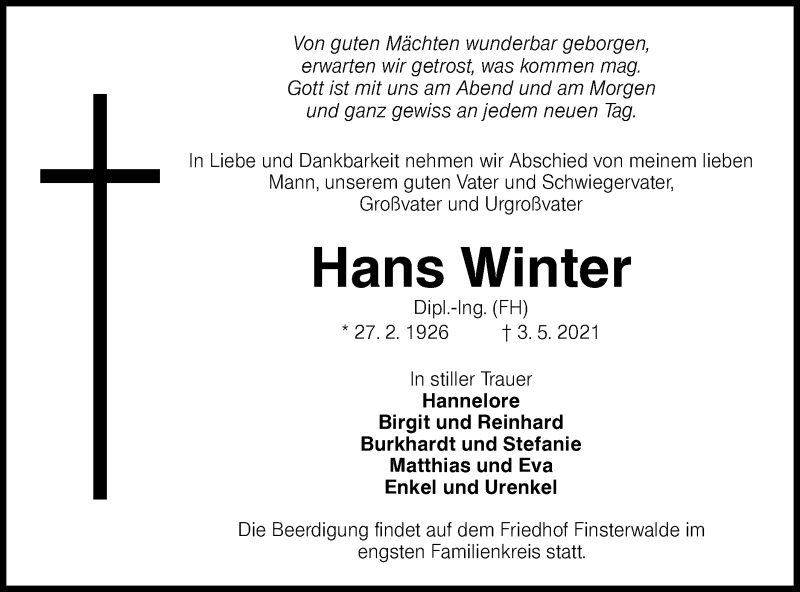  Traueranzeige für Hans Winter vom 08.05.2021 aus lausitzer_rundschau