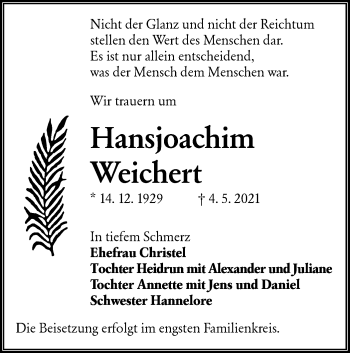 Traueranzeige von Hansjoachim Weichert von lausitzer_rundschau