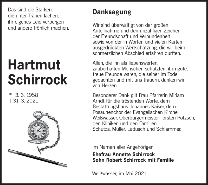  Traueranzeige für Hartmut Schirrock vom 08.05.2021 aus lausitzer_rundschau