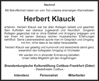 Traueranzeige von Herbert Klauck von lausitzer_rundschau