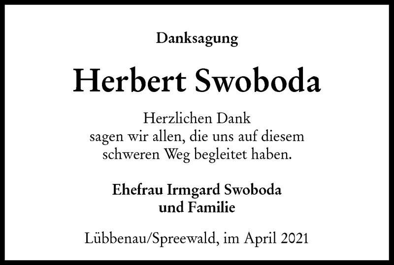  Traueranzeige für Herbert Swoboda vom 08.05.2021 aus lausitzer_rundschau