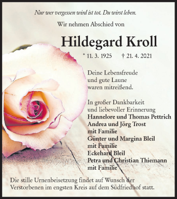 Traueranzeige von Hildegard Kroll von lausitzer_rundschau