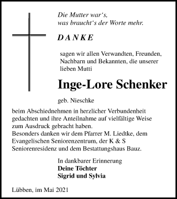 Traueranzeige von Inge-Lore Schenker von lausitzer_rundschau