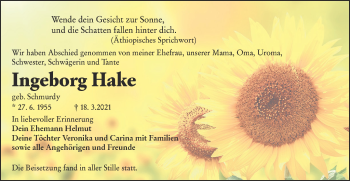 Traueranzeige von Ingeborg Hake von lausitzer_rundschau