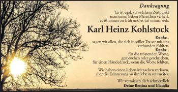 Traueranzeige von Karl Heinz Kohlstock von lausitzer_rundschau