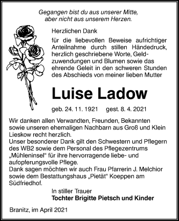 Traueranzeige von Luise Ladow von lausitzer_rundschau