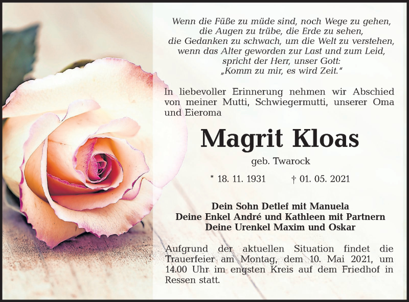  Traueranzeige für Magrit Kloas vom 05.05.2021 aus lausitzer_rundschau