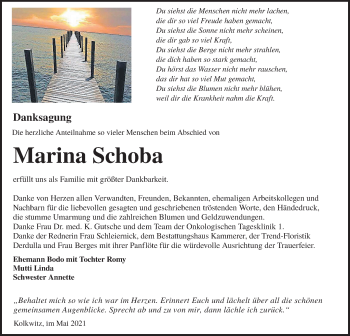 Traueranzeige von Marina Schoba von lausitzer_rundschau
