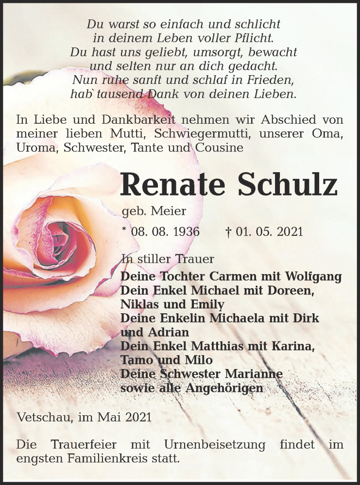  Traueranzeige für Renate Schulz vom 08.05.2021 aus lausitzer_rundschau