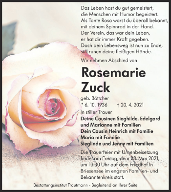 Traueranzeige von Rosemarie Zuck von lausitzer_rundschau