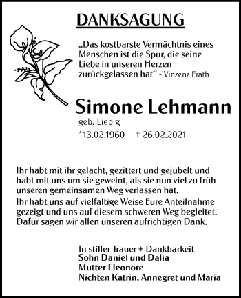 Traueranzeige von Simone Lehmann von lausitzer_rundschau