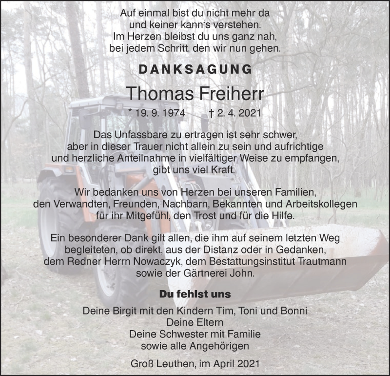  Traueranzeige für Thomas Freiherr vom 08.05.2021 aus lausitzer_rundschau