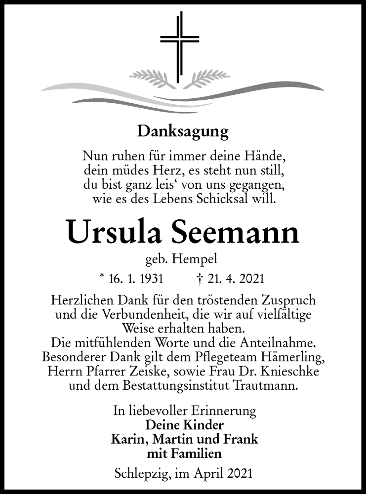  Traueranzeige für Ursula Seemann vom 08.05.2021 aus lausitzer_rundschau