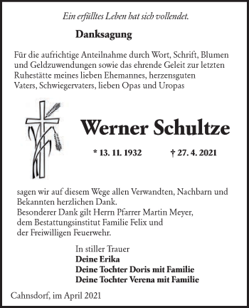 Traueranzeige von Werner Schultze von lausitzer_rundschau