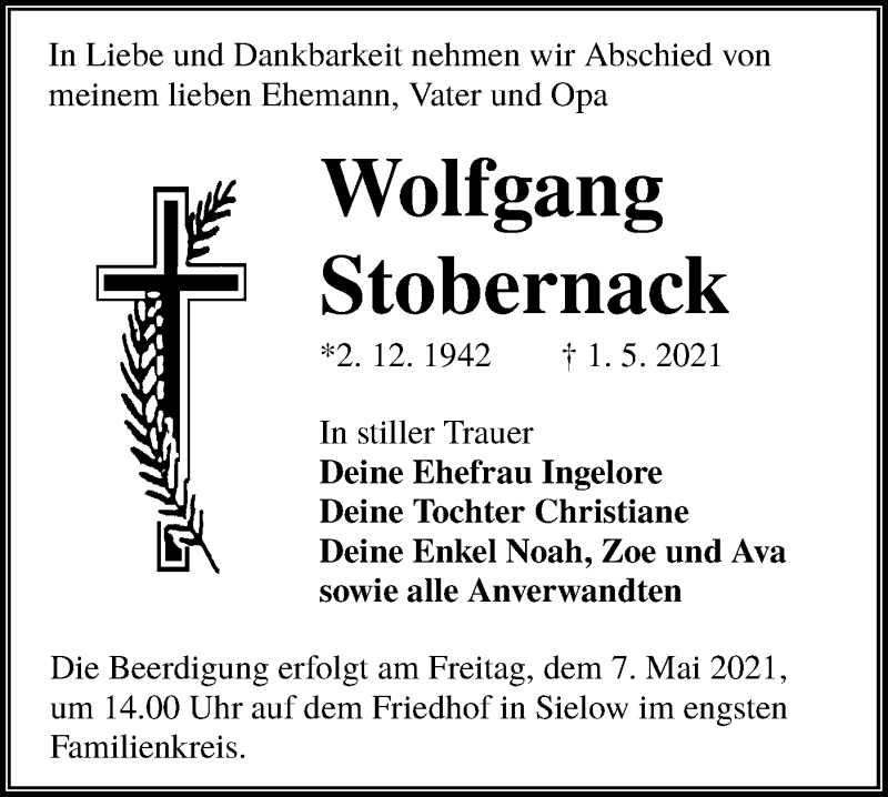  Traueranzeige für Wolfgang Stobernack vom 05.05.2021 aus lausitzer_rundschau