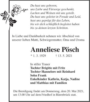 Traueranzeige von Anneliese Pösch von lausitzer_rundschau