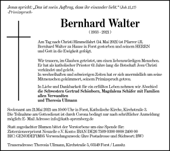 Traueranzeige von Bernhard Walter von lausitzer_rundschau