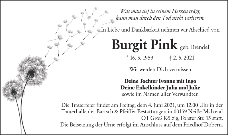  Traueranzeige für Burgit Pink vom 22.05.2021 aus lausitzer_rundschau