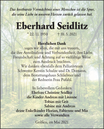 Traueranzeige von Eberhard Seidlitz von lausitzer_rundschau