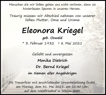 Traueranzeige von Eleonora Kriegel von lausitzer_rundschau