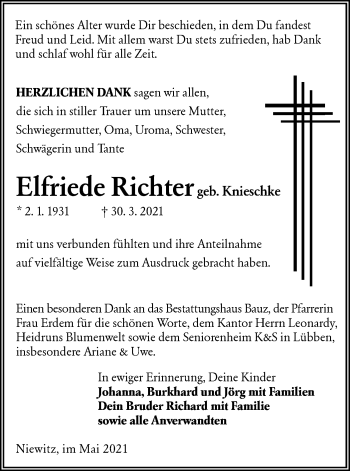 Traueranzeige von Elfriede Richter von lausitzer_rundschau