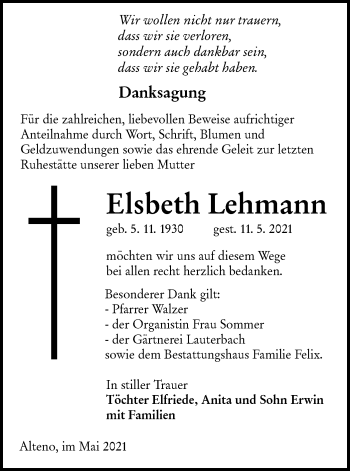 Traueranzeige von Elsbeth Lehmann von lausitzer_rundschau
