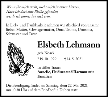 Traueranzeige von Elsbeth Lehmann von lausitzer_rundschau