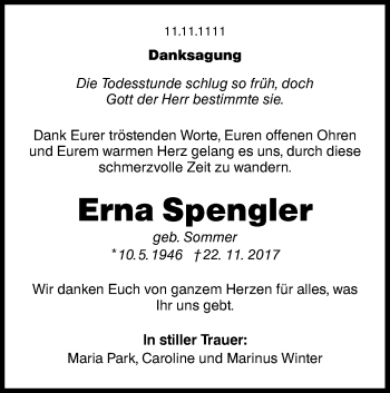 Traueranzeige von Erna Spengler von lausitzer_rundschau