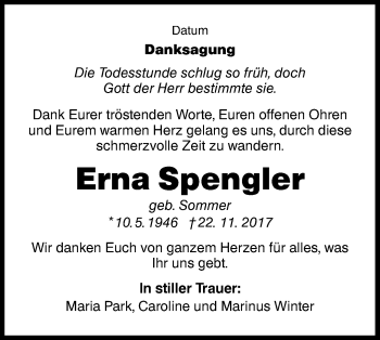 Traueranzeige von Erna Spengler von lausitzer_rundschau