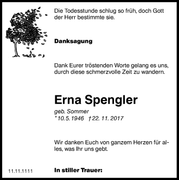 Traueranzeige von Erna Spengler von lausitzer_rundschau