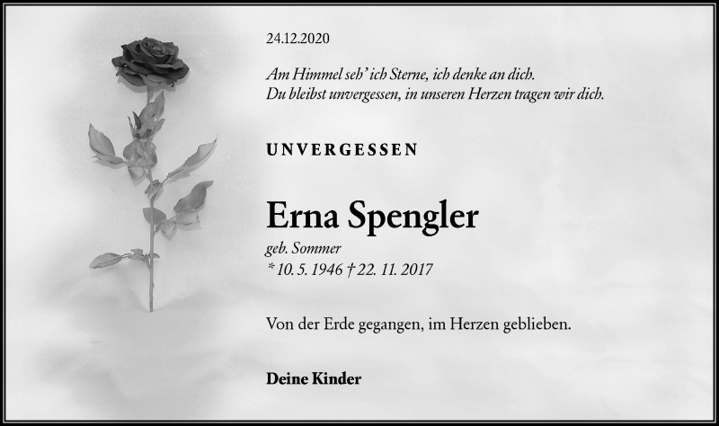  Traueranzeige für Erna Spengler vom 17.12.2020 aus lausitzer_rundschau