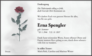 Traueranzeige von Erna Spengler von lausitzer_rundschau